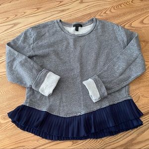 J. Crew Sweatshirt Blouse Top with Navy Blue Pleated Hem